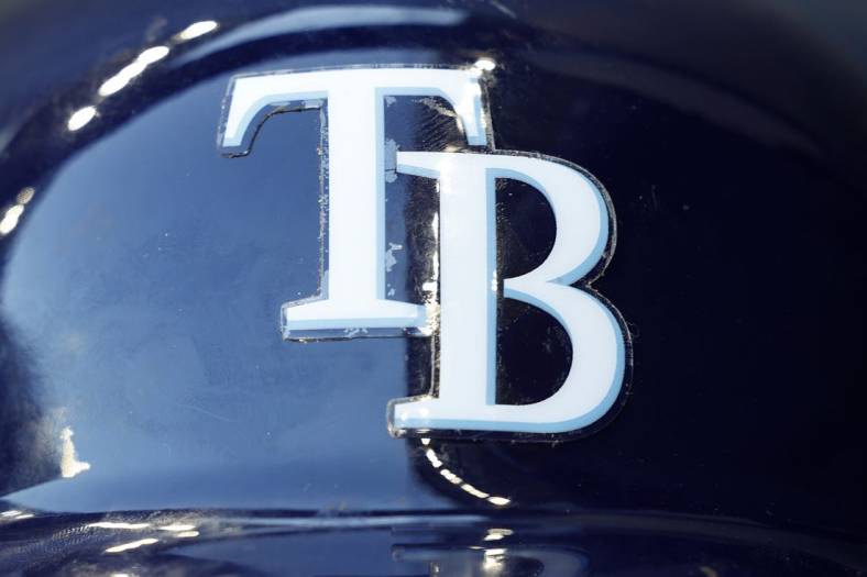 Aug 9, 2022; Milwaukee, Wisconsin, USA;  The Tampa Bay Rays logo on a batting helmet prior to the game against the Milwaukee Brewers at American Family Field. Mandatory Credit: Jeff Hanisch-USA TODAY Sports