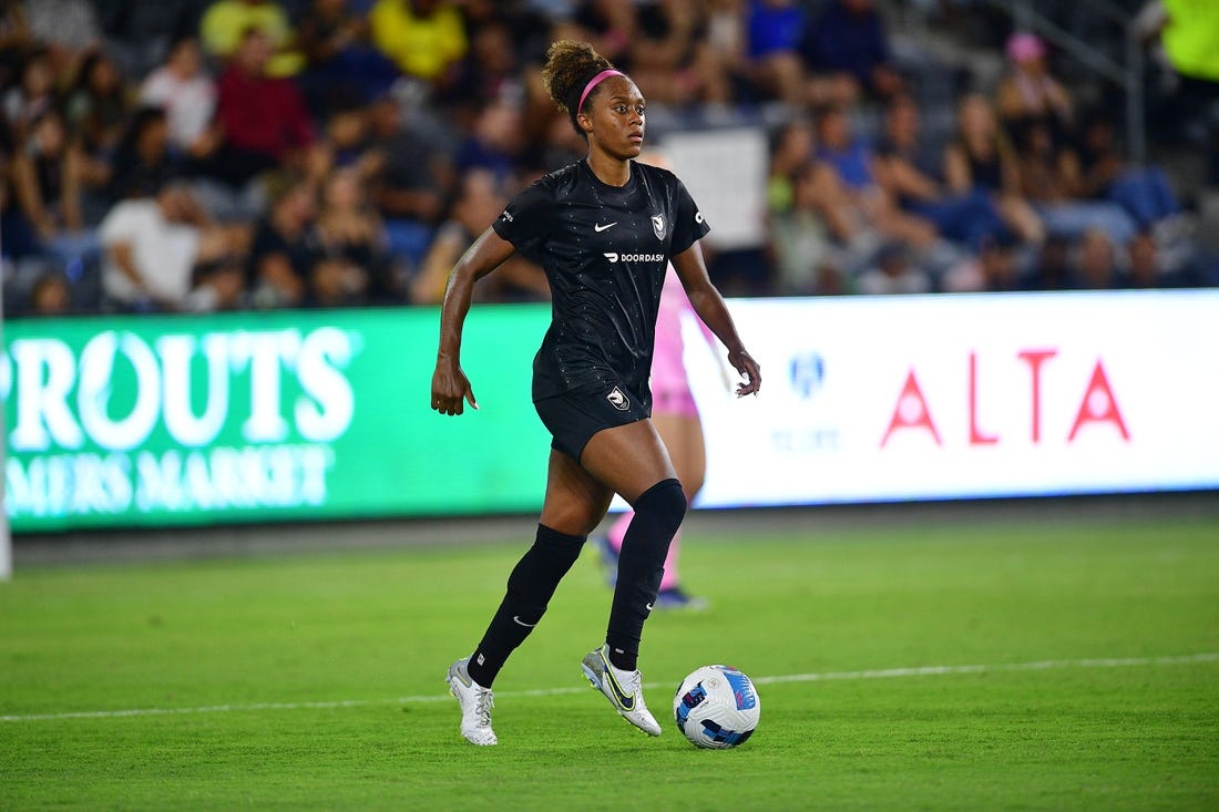 Aug 10, 2022; Los Angeles, CA, USA; Angel City FC defender Allyson Swaby (25) controls the ball against Tigres UANL during the second half of an international friendly at Banc Of California Stadium. Mandatory Credit: Gary A. Vasquez-USA TODAY Sports