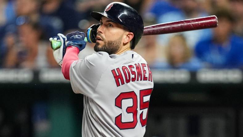 Aug 5, 2022; Kansas City, Missouri, USA; Boston Red Sox first baseman Eric Hosmer (35) bats against the Kansas City Royals during the sixth inning at Kauffman Stadium. Mandatory Credit: Jay Biggerstaff-USA TODAY Sports