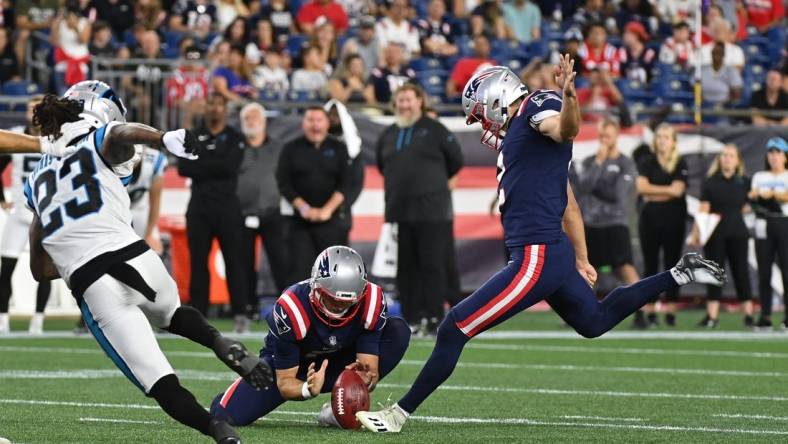 Aug 19, 2022; Foxborough, Massachusetts, USA; New England Patriots place kicker Tristan Vizcaino (2) kicks a field goal during the second half of a preseason game against the Carolina Panthers at Gillette Stadium. Mandatory Credit: Eric Canha-USA TODAY Sports