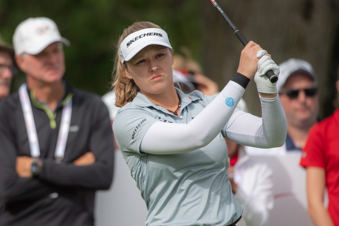 Aug 27, 2022; Ottawa, Ontario, CAN; Brooke Henderson from Canada looks up the fairway of the 1st hole after teeing off during the third round of the CP Women's Open golf tournament. Mandatory Credit: Marc DesRosiers-USA TODAY Sports