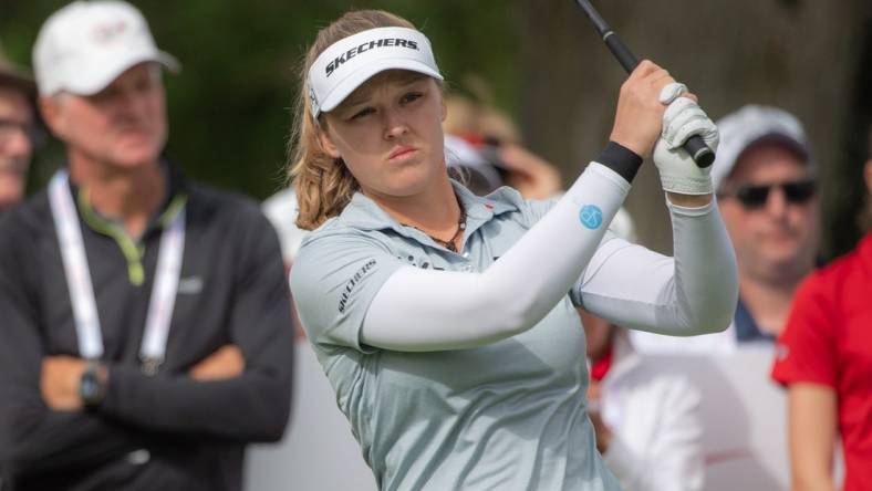 Aug 27, 2022; Ottawa, Ontario, CAN; Brooke Henderson from Canada looks up the fairway of the 1st hole after teeing off during the third round of the CP Women's Open golf tournament. Mandatory Credit: Marc DesRosiers-USA TODAY Sports