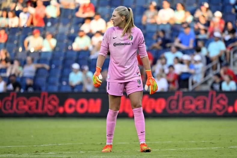 Aug 28, 2022; Kansas City, Kansas, USA; North Carolina Courage goalkeeper Casey Murphy (1) reacts to a play during the second half against the Kansas City Current at Children's Mercy Park. Mandatory Credit: Amy Kontras-USA TODAY Sports