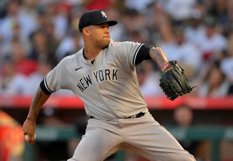 Aug 29, 2022; Anaheim, California, USA;  New York Yankees starting pitcher Frankie Montas (47) throws to the plate in the first inning against the Los Angeles Angels at Angel Stadium. Mandatory Credit: Jayne Kamin-Oncea-USA TODAY Sports