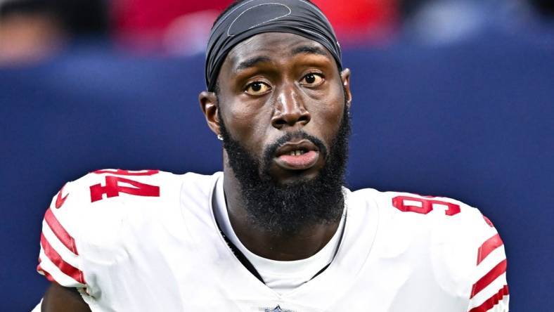 Aug 25, 2022; Houston, Texas, USA;  San Francisco 49ers defensive end Charles Omenihu (94) looks on prior to the game against the Houston Texans at NRG Stadium. Mandatory Credit: Maria Lysaker-USA TODAY Sports