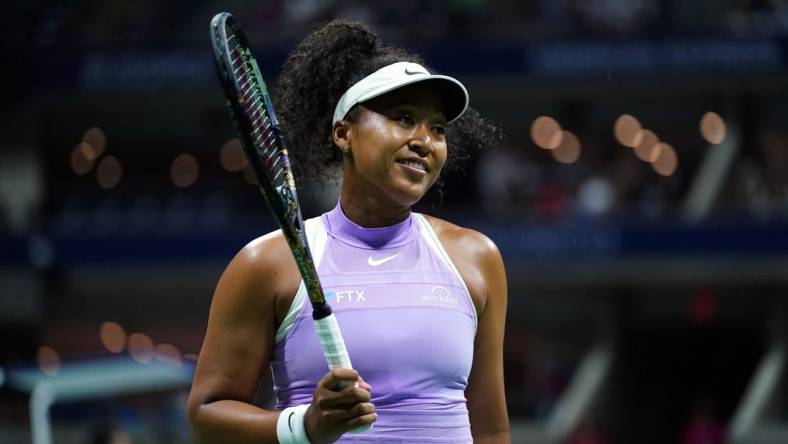 Aug 30, 2022; Flushing, NY, USA; Naomi Osaka of Japan reacts to a point against Danielle Collins of the United States on day two of the 2022 U.S. Open tennis tournament at USTA Billie Jean King National Tennis Center. Mandatory Credit: Danielle Parhizkaran-USA TODAY Sports