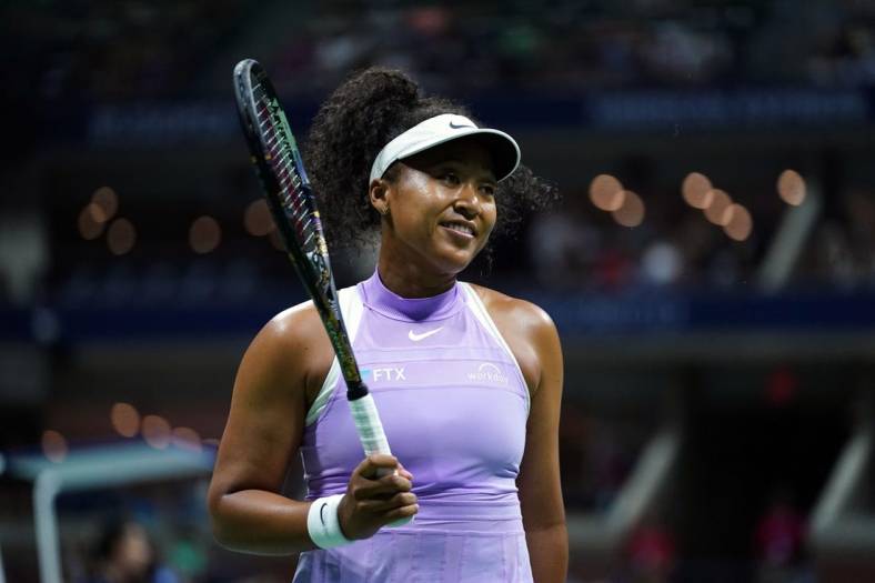 Aug 30, 2022; Flushing, NY, USA; Naomi Osaka of Japan reacts to a point against Danielle Collins of the United States on day two of the 2022 U.S. Open tennis tournament at USTA Billie Jean King National Tennis Center. Mandatory Credit: Danielle Parhizkaran-USA TODAY Sports