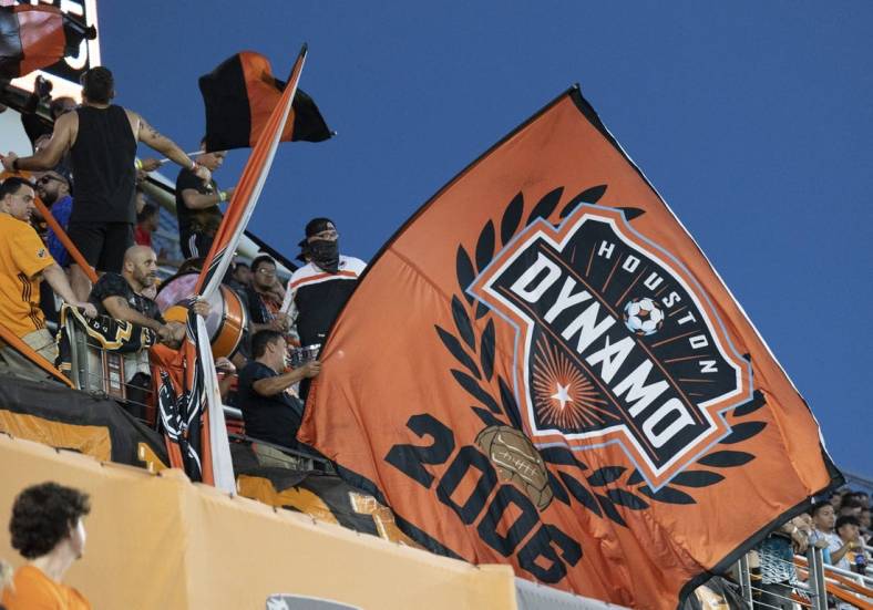 Aug 31, 2022; Houston, Texas, USA; Houston Dynamo FC fans cheer against the Los Angeles FC in the first half at PNC Stadium. Mandatory Credit: Thomas Shea-USA TODAY Sports