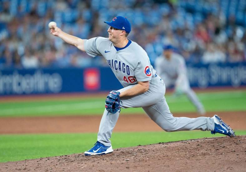 Aug 31, 2022; Toronto, Ontario, CAN; Chicago Cubs relief pitcher Erich Uelmen (46) throws a pitch against the Toronto Blue Jays during the sixth inning at Rogers Centre. Mandatory Credit: Nick Turchiaro-USA TODAY Sports