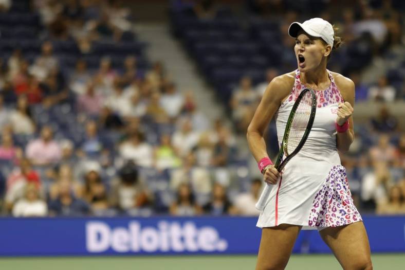 Sep 4, 2022; Flushing, NY, USA; Veronika Kudermetova reacts after winning a point against Ons Jabeur (TUN) (not pictured) on day seven of the 2022 U.S. Open tennis tournament at USTA Billie Jean King Tennis Center. Mandatory Credit: Geoff Burke-USA TODAY Sports