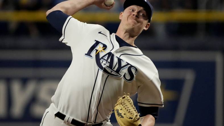 Sep 7, 2022; St. Petersburg, Florida, USA; Tampa Bay Rays relief pitcher Pete Fairbanks (29) throws a pitch in the ninth inning against the Boston Red Sox at Tropicana Field. Mandatory Credit: Dave Nelson-USA TODAY Sports