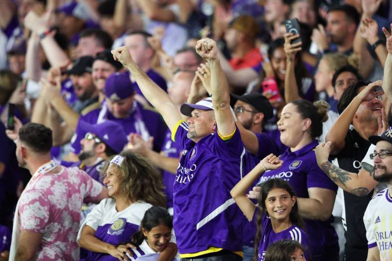 Sep 7, 2022; Orlando, Florida, US;   Orlando City fans react after a goal from Orlando City forward Facundo Torres (17) (nit pictured) against Sacramento Republic during the US Open Cup Final at Exploria Stadium. Mandatory Credit: Nathan Ray Seebeck-USA TODAY Sports