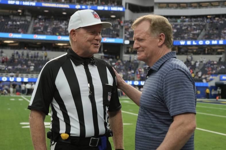 Sep 8, 2022; Inglewood, California, USA; Commissioner of the NFL Roger Goodell talks with Referee Carl Cheffers before the game between the Los Angeles Rams and the Buffalo Bills at SoFi Stadium. Mandatory Credit: Kirby Lee-USA TODAY Sports