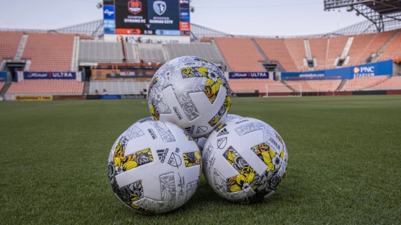 Sep 10, 2022; Houston, Texas, USA; General view balls on the field of PNC Stadium before the match between the Houston Dynamo FC and Sporting Kansas City. Mandatory Credit: Troy Taormina-USA TODAY Sports