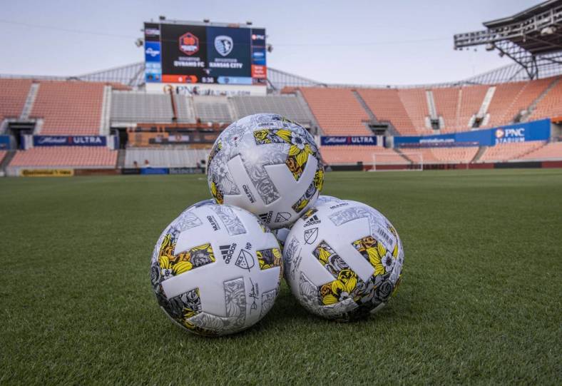 Sep 10, 2022; Houston, Texas, USA; General view balls on the field of PNC Stadium before the match between the Houston Dynamo FC and Sporting Kansas City. Mandatory Credit: Troy Taormina-USA TODAY Sports