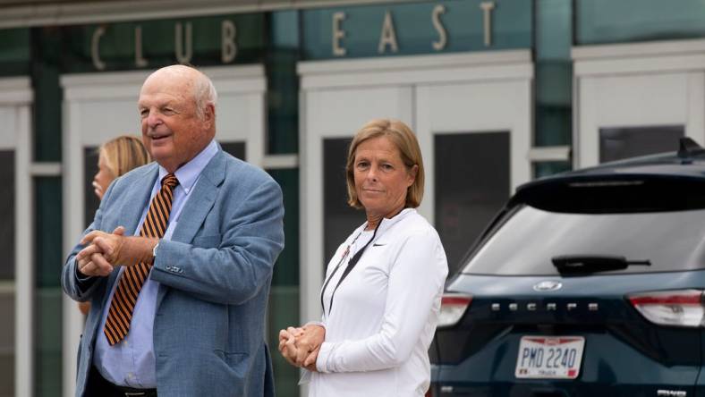 Katie Blackburn, executive vice president of the Bengals, stands with her father and Bengals owner Mike Brown during the Paycor Stadium ribbon-cutting ceremony on Tuesday, Sept. 6, 2022. The Bengals will play their first regular-season home game on Sept. 11 against the Pittsburgh Steelers.

Paycor Stadium Ribbon Cutting Ceremony Sept 6 2022