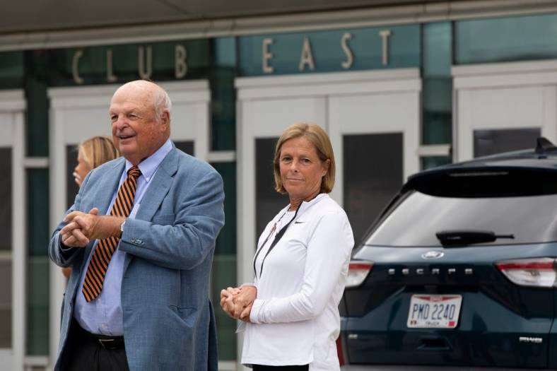Katie Blackburn, executive vice president of the Bengals, stands with her father and Bengals owner Mike Brown during the Paycor Stadium ribbon-cutting ceremony on Tuesday, Sept. 6, 2022. The Bengals will play their first regular-season home game on Sept. 11 against the Pittsburgh Steelers.

Paycor Stadium Ribbon Cutting Ceremony Sept 6 2022