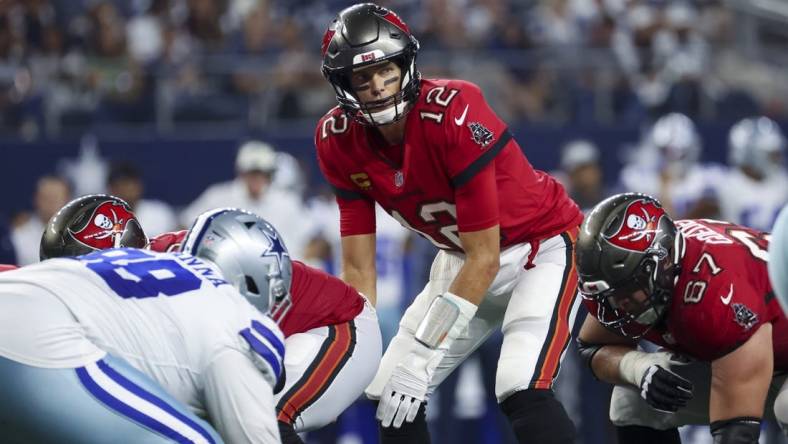 Sep 11, 2022; Arlington, Texas, USA;  Tampa Bay Buccaneers quarterback Tom Brady (12) in action during the game against the Dallas Cowboys at AT&T Stadium. Mandatory Credit: Kevin Jairaj-USA TODAY Sports