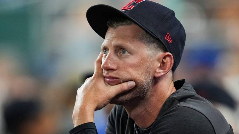 Sep 6, 2022; Kansas City, Missouri, USA; Cleveland Guardians assistant coach Kyle Hudson watches the action during the eighth inning against the Kansas City Royals at Kauffman Stadium. Mandatory Credit: Jay Biggerstaff-USA TODAY Sports