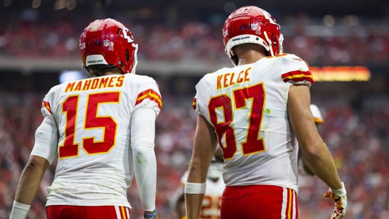 Sep 11, 2022; Glendale, Arizona, USA; Detailed view of the jersey of Kansas City Chiefs quarterback Patrick Mahomes (15) and tight end Travis Kelce (87) against the Arizona Cardinals at State Farm Stadium. Mandatory Credit: Mark J. Rebilas-USA TODAY Sports