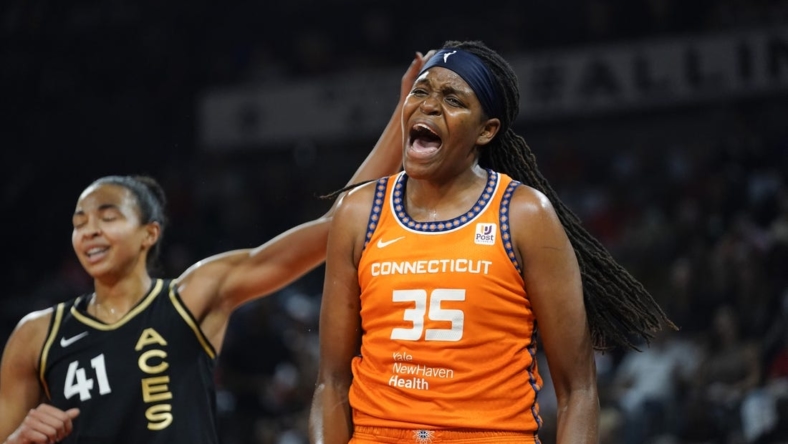 Sep 13, 2022; Las Vegas, Nevada, USA; forward Jonquel Jones (35) reacts to a call during the first quarter against the Las Vegas Aces in game two of the WNBA Finals at Michelob Ultra Arena. Mandatory Credit: Lucas Peltier-USA TODAY Sports