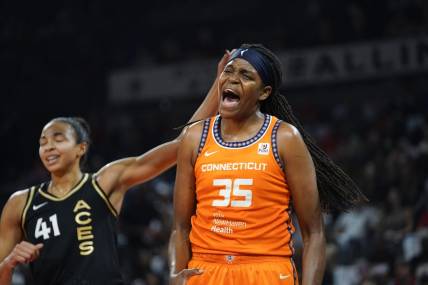 Sep 13, 2022; Las Vegas, Nevada, USA; forward Jonquel Jones (35) reacts to a call during the first quarter against the Las Vegas Aces in game two of the WNBA Finals at Michelob Ultra Arena. Mandatory Credit: Lucas Peltier-USA TODAY Sports