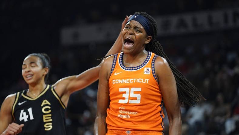 Sep 13, 2022; Las Vegas, Nevada, USA; forward Jonquel Jones (35) reacts to a call during the first quarter against the Las Vegas Aces in game two of the WNBA Finals at Michelob Ultra Arena. Mandatory Credit: Lucas Peltier-USA TODAY Sports