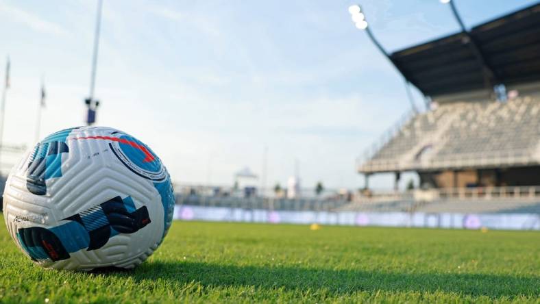 Sep 16, 2022; Louisville, Kentucky, USA; A detail view of a soccer ball before the game between Racing Louisville FC and the Orlando Pride at Lynn Family Stadium. Mandatory Credit: EM Dash-USA TODAY Sports