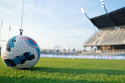 Sep 16, 2022; Louisville, Kentucky, USA; A detail view of a soccer ball before the game between Racing Louisville FC and the Orlando Pride at Lynn Family Stadium. Mandatory Credit: EM Dash-USA TODAY Sports