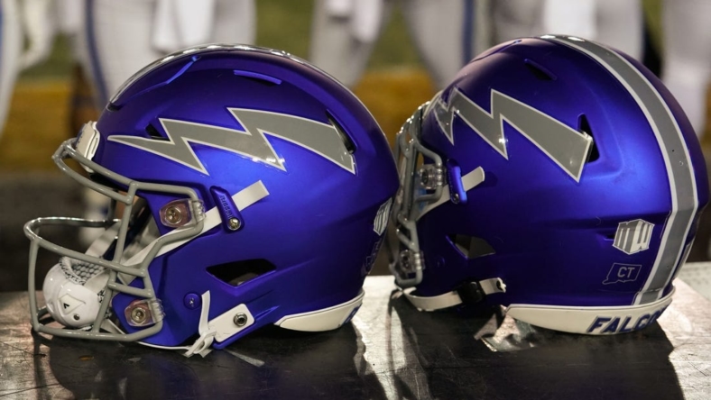 Sep 16, 2022; Laramie, Wyoming, USA; A general view of  Air Force Falcons helmets against  the Wyoming Cowboys during the third quarter at Jonah Field at War Memorial Stadium. Mandatory Credit: Troy Babbitt-USA TODAY Sports