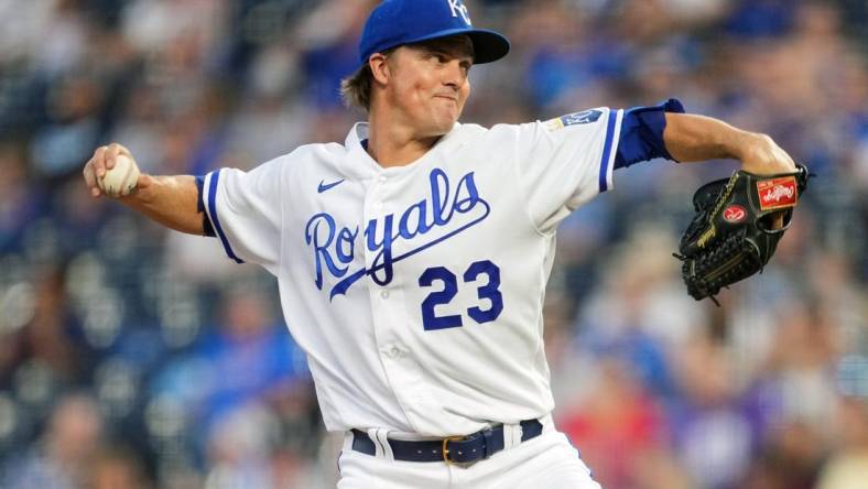 Sep 20, 2022; Kansas City, Missouri, USA; Kansas City Royals starting pitcher Zack Greinke (23) pitches against the Minnesota Twins during the first inning at Kauffman Stadium. Mandatory Credit: Jay Biggerstaff-USA TODAY Sports