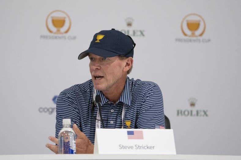 Sep 21, 2022; Charlotte, North Carolina, USA; Team USA assistant captain Steve Stricker addresses the media in a press conference during a practice day for the Presidents Cup golf tournament at Quail Hollow Club. Mandatory Credit: Kyle Terada-USA TODAY Sports