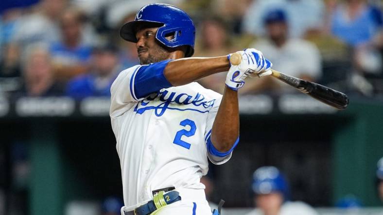 Sep 20, 2022; Kansas City, Missouri, USA; Kansas City Royals center fielder Michael A. Taylor (2) bats against the Minnesota Twins during the sixth inning at Kauffman Stadium. Mandatory Credit: Jay Biggerstaff-USA TODAY Sports