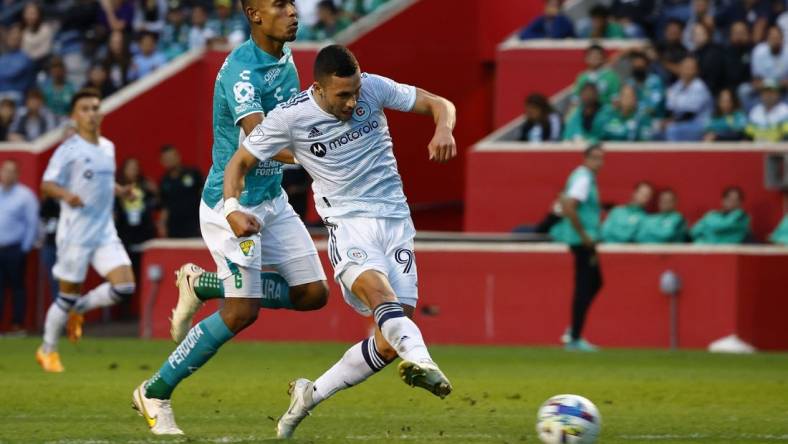 Sep 24, 2022; Chicago, Illinois, US; Chicago Fire midfielder Stanislav Ivanov (99) shoots the ball against Leon during the second half at Seetgeek Stadium. Mandatory Credit: Mike Dinovo-USA TODAY Sports