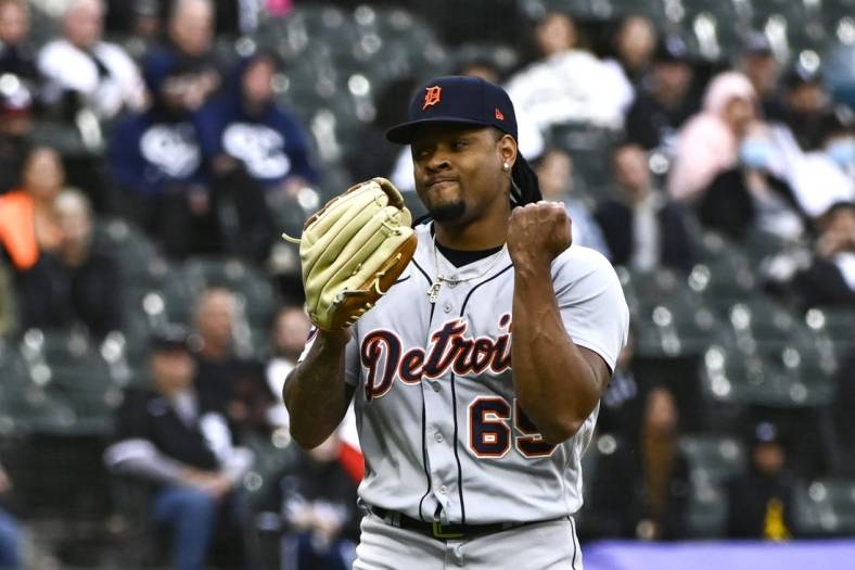 Sep 25, 2022; Chicago, Illinois, USA; Detroit Tigers relief pitcher Gregory Soto (65) reacts after the game against the Chicago White Sox at Guaranteed Rate Field. Mandatory Credit: Matt Marton-USA TODAY Sports