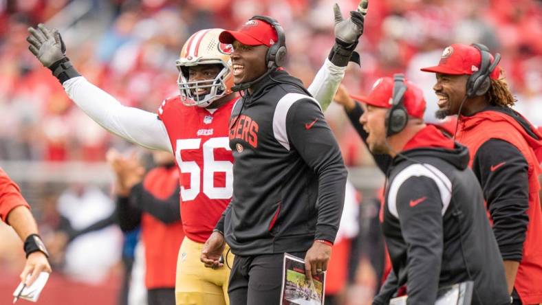 September 18, 2022; Santa Clara, California, USA; San Francisco 49ers defensive coordinator DeMeco Ryans celebrates during the third quarter against the Seattle Seahawks at Levi's Stadium. Mandatory Credit: Kyle Terada-USA TODAY Sports