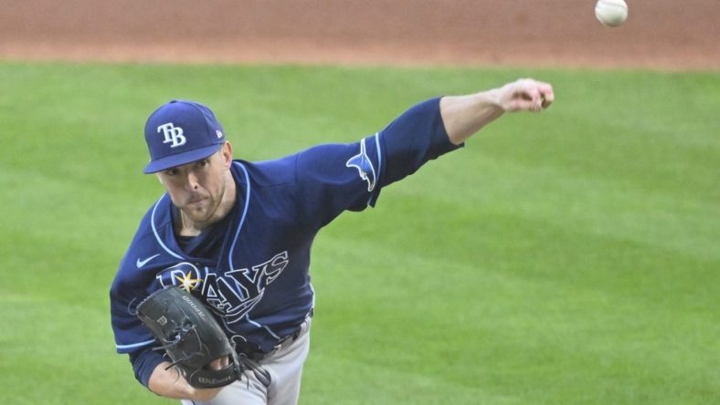 Sep 29, 2022; Cleveland, Ohio, USA; Tampa Bay Rays starting pitcher Jeffrey Springs (59) delivers a pitch in the first inning against the Cleveland Guardians at Progressive Field. Mandatory Credit: David Richard-USA TODAY Sports