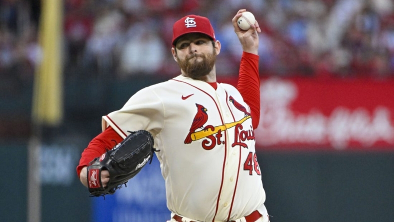 Oct 1, 2022; St. Louis, Missouri, USA;  St. Louis Cardinals starting pitcher Jordan Montgomery (48) pitches against the Pittsburgh Pirates during the first inning at Busch Stadium. Mandatory Credit: Jeff Curry-USA TODAY Sports