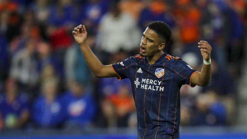 Oct 1, 2022; Cincinnati, Ohio, USA; FC Cincinnati forward Brenner (9) reacts as he walks off the field in the second half against the Chicago Fire at TQL Stadium. Mandatory Credit: Katie Stratman-USA TODAY Sports