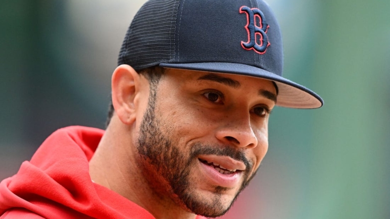 iOct 3, 2022; Boston, Massachusetts, USA; Boston Red Sox left fielder Tommy Pham (22) talks with the media before a game against the Tampa Bay Rays at Fenway Park. Mandatory Credit: Brian Fluharty-USA TODAY Sports