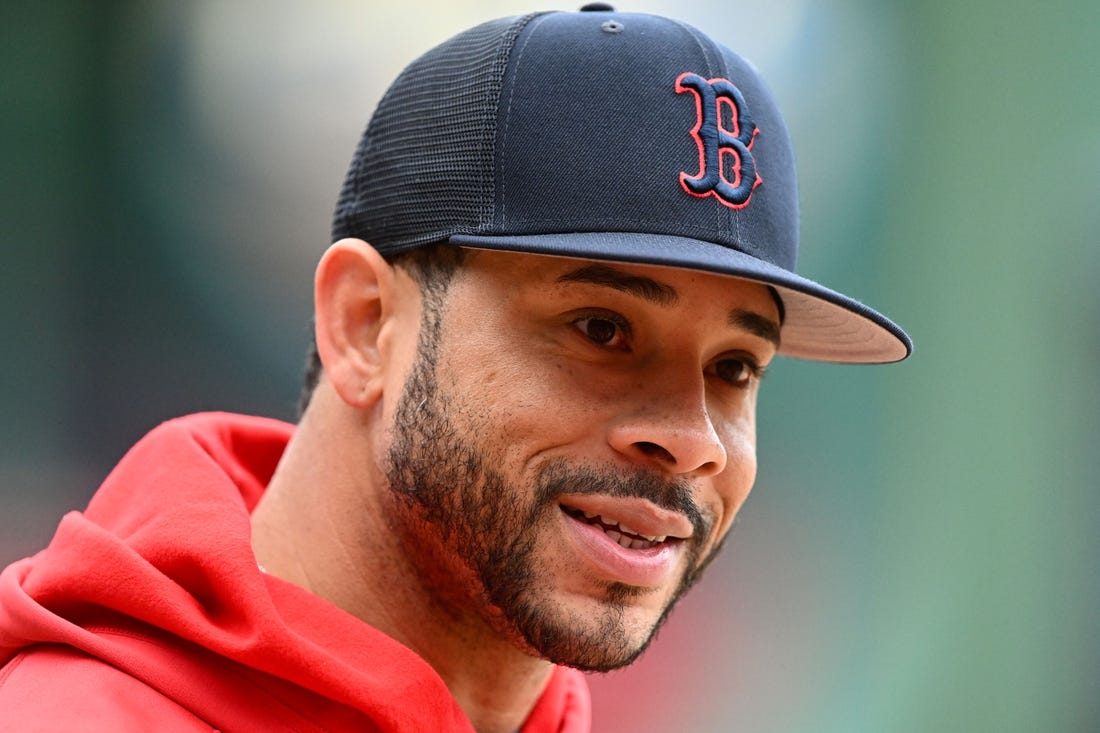 iOct 3, 2022; Boston, Massachusetts, USA; Boston Red Sox left fielder Tommy Pham (22) talks with the media before a game against the Tampa Bay Rays at Fenway Park. Mandatory Credit: Brian Fluharty-USA TODAY Sports