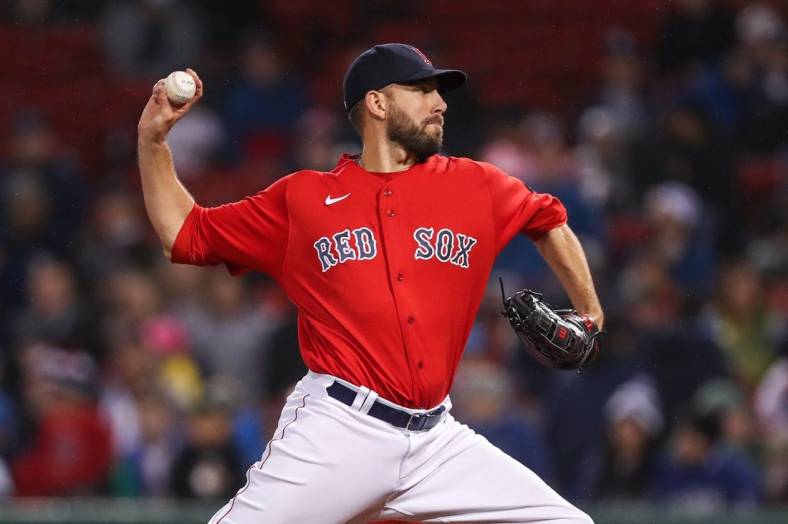 Oct 5, 2022; Boston, Massachusetts, USA; Boston Red Sox relief pitcher Matt Barnes (32) delivers a pitch during the ninth inning against the Tampa Bay Rays at Fenway Park. Mandatory Credit: Paul Rutherford-USA TODAY Sports