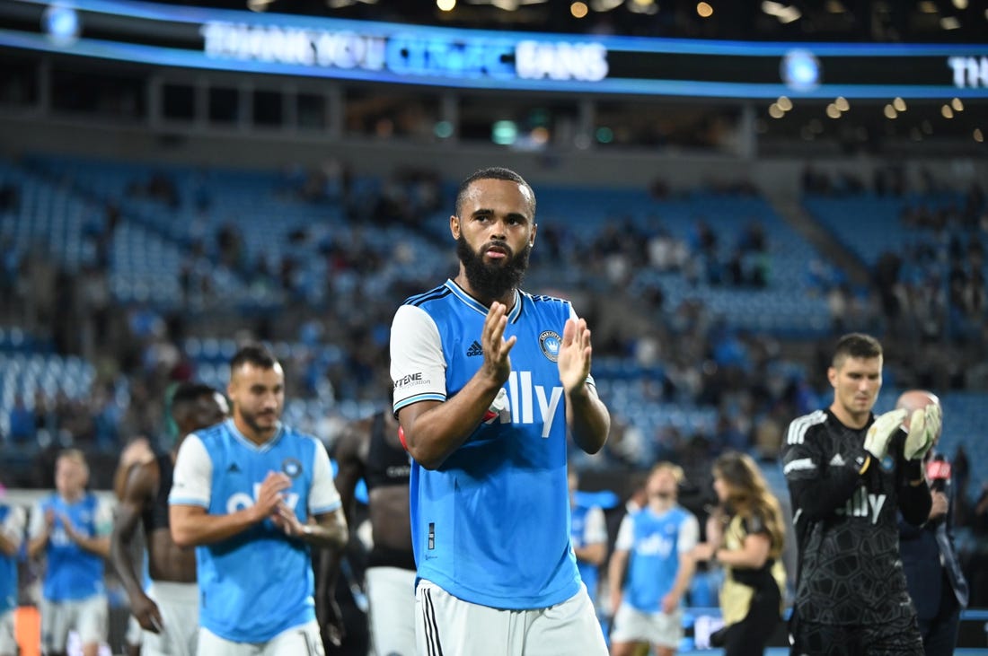 Oct 5, 2022; Charlotte, North Carolina, USA; Charlotte FC defender Anton Walkes (5) acknowledges fans after their tie against Columbus Crew at Bank of America Stadium. Mandatory Credit: Griffin Zetterberg-USA TODAY Sports