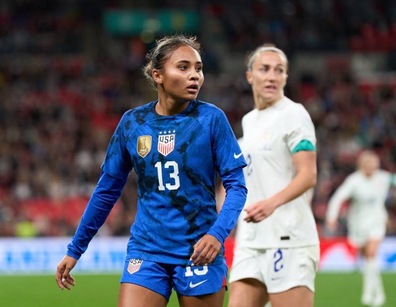 Oct 7, 2022; London, ENG; United states forward Alyssa Thompson (13) comes on as a substitute  in the match between United States and England at Wembley Stadium. Mandatory Credit: Peter van den Berg-USA TODAY Sports