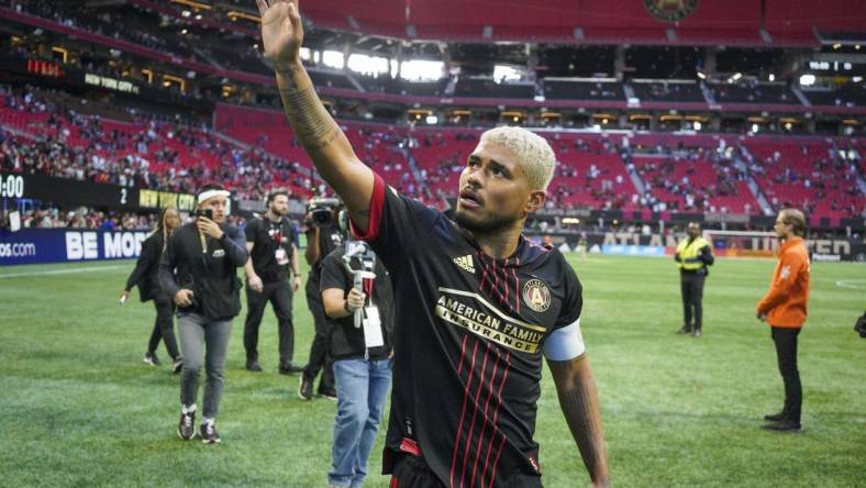 Oct 9, 2022; Atlanta, Georgia, USA; Atlanta United forward Josef Martinez (7) waves to the crowd after a game against New York City FC at Mercedes-Benz Stadium. Mandatory Credit: Brett Davis-USA TODAY Sports