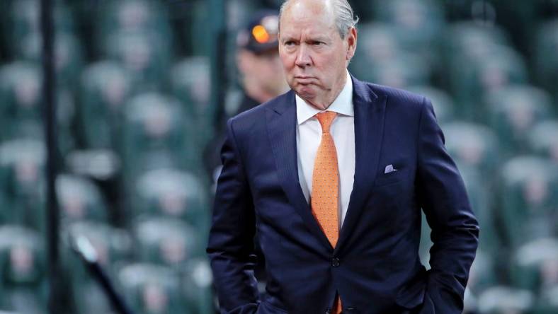 Oct 11, 2022; Houston, Texas, USA; Houston Astros owner Jim Crane looks on during batting practice before game one of the ALDS for the 2022 MLB Playoffs against the Seattle Mariners at Minute Maid Park. Mandatory Credit: Erik Williams-USA TODAY Sports