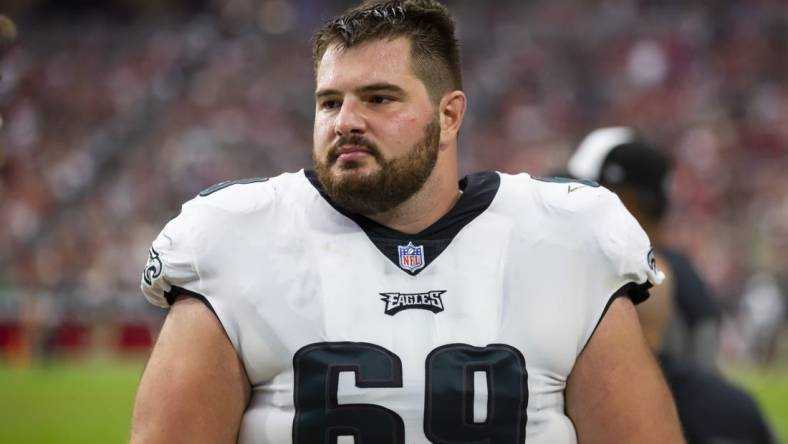 Oct 9, 2022; Glendale, Arizona, USA; Philadelphia Eagles guard Landon Dickerson (69) against the Arizona Cardinals at State Farm Stadium. Mandatory Credit: Mark J. Rebilas-USA TODAY Sports