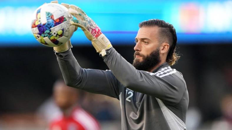 Oct 1, 2022; San Jose, California, USA; San Jose Earthquakes goalkeeper Matt Bersano (12) warms up before the game against the Minnesota United at PayPal Park. Mandatory Credit: Darren Yamashita-USA TODAY Sports