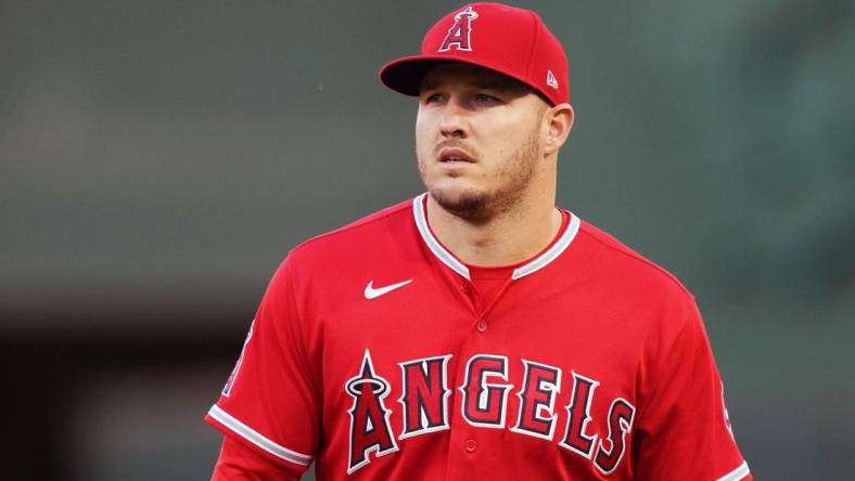 Oct 3, 2022; Oakland, California, USA; Los Angeles Angels center fielder Mike Trout (27) before the game against the Oakland Athletics at RingCentral Coliseum. Mandatory Credit: Darren Yamashita-USA TODAY Sports