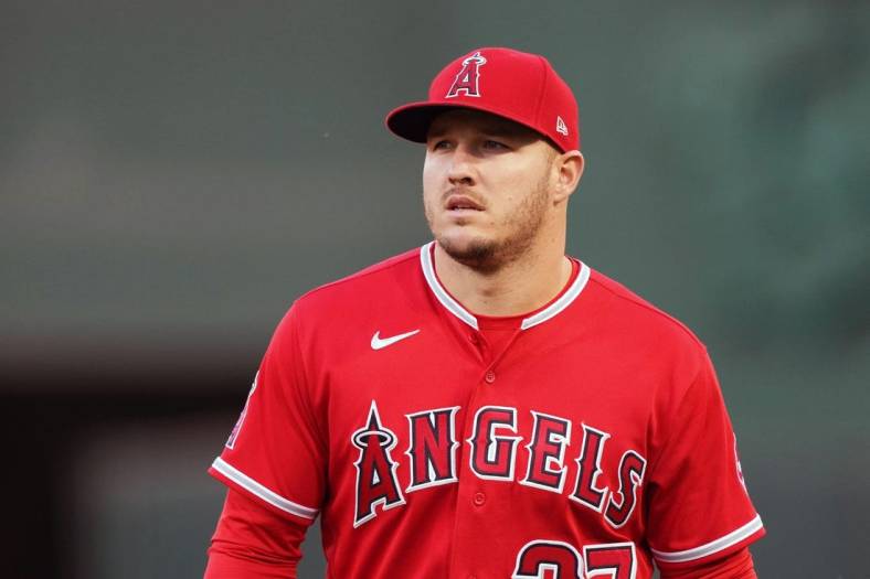 Oct 3, 2022; Oakland, California, USA; Los Angeles Angels center fielder Mike Trout (27) before the game against the Oakland Athletics at RingCentral Coliseum. Mandatory Credit: Darren Yamashita-USA TODAY Sports
